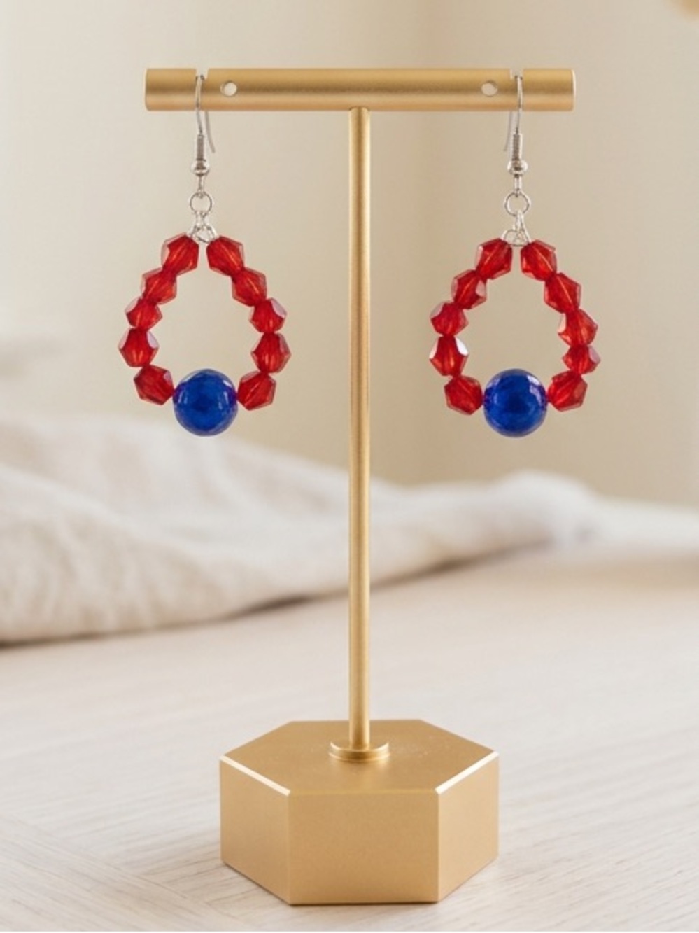 Handcrafted Blue Glass Beaded Necklace & Earrings with Red Crystal Accents - Picture 2 of 5
